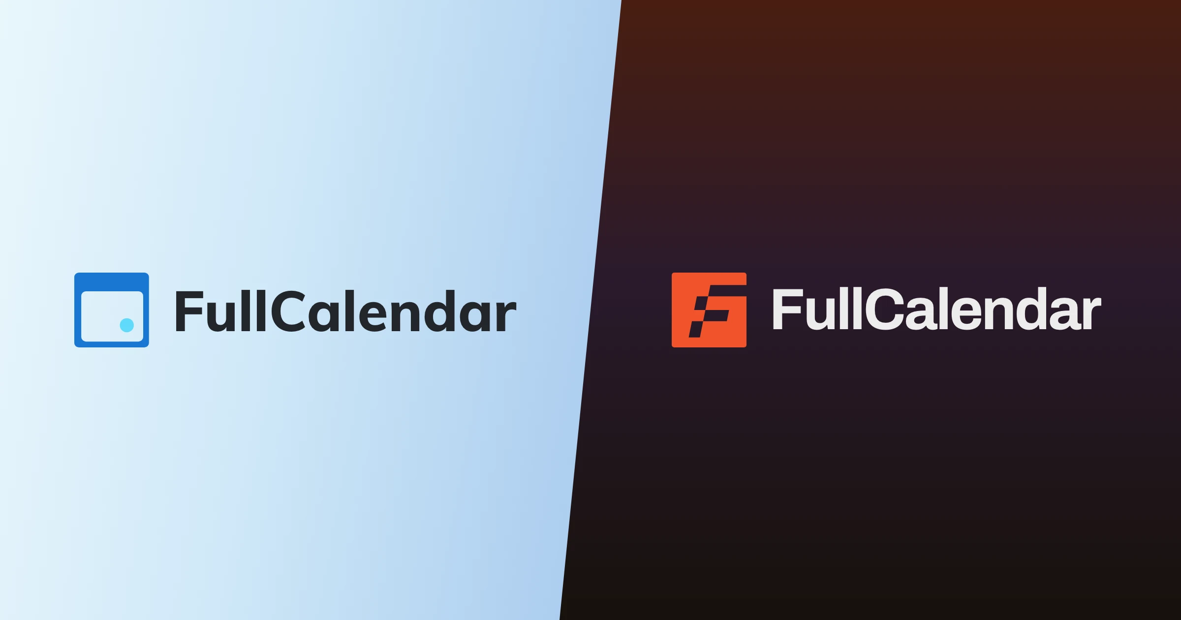 The old FullCalendar logo and wordmark on a pale blue background, cut on a slant into the new logo and wordmark on a dark ember gradient